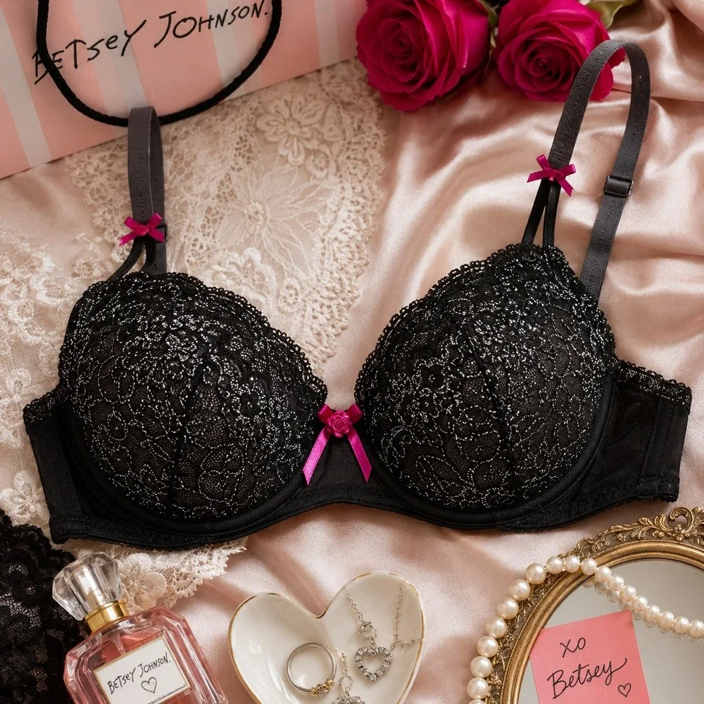 Betsey Johnson Intimates Black Silver Metallic Lace Underwire Demi Bra 36C